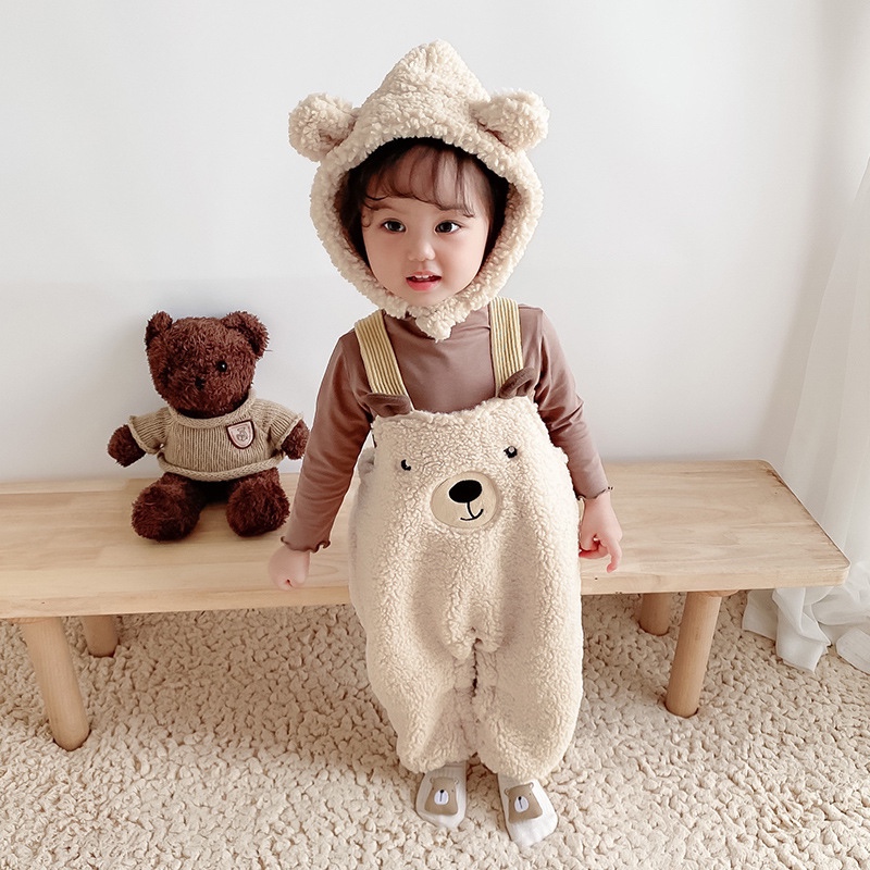 婴儿连体衣秋冬加绒加厚小熊背带裤宝宝衣服韩版婴儿衣服帽子毛绒