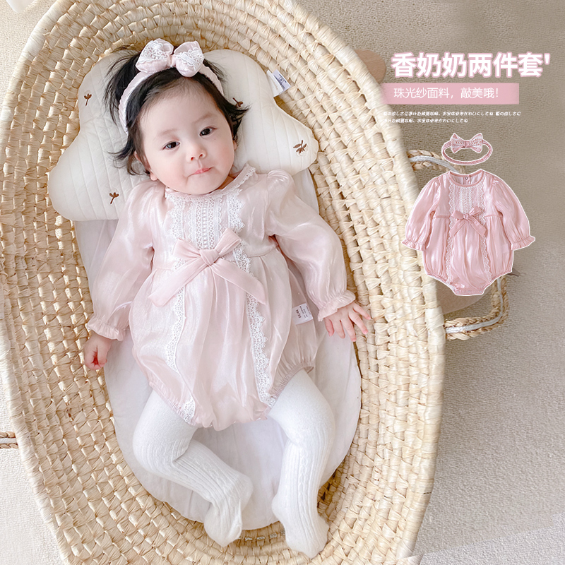 韩版童装女宝连体衣蕾丝套装婴儿满月百日宴甜美公主包屁衣外出服