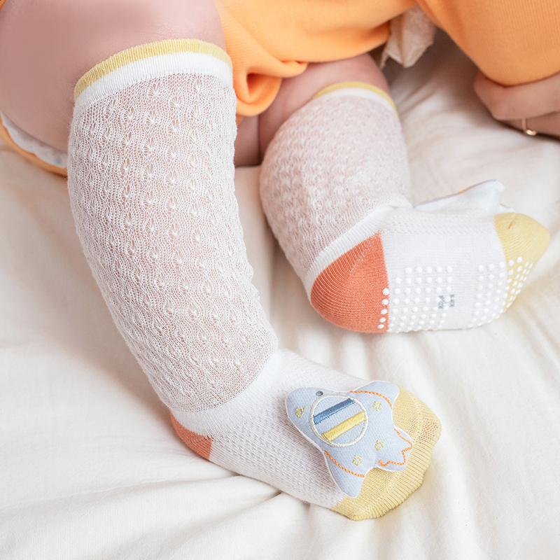 婴儿长筒袜子夏季薄款地板袜宝宝网眼防蚊袜纯棉防滑新生儿中筒袜