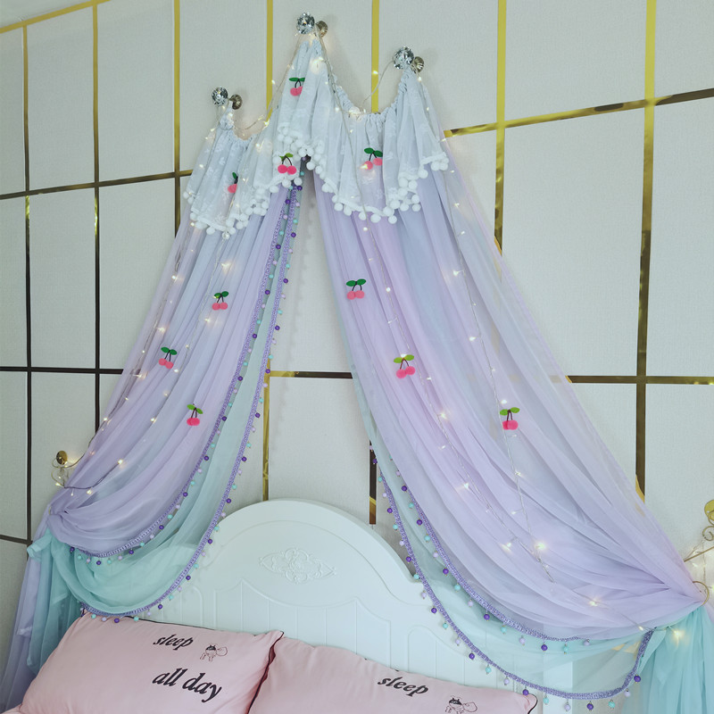 公主蕾丝床帘床幔儿童房装饰百搭通用家用简约仿水晶挂饰蓝紫双层