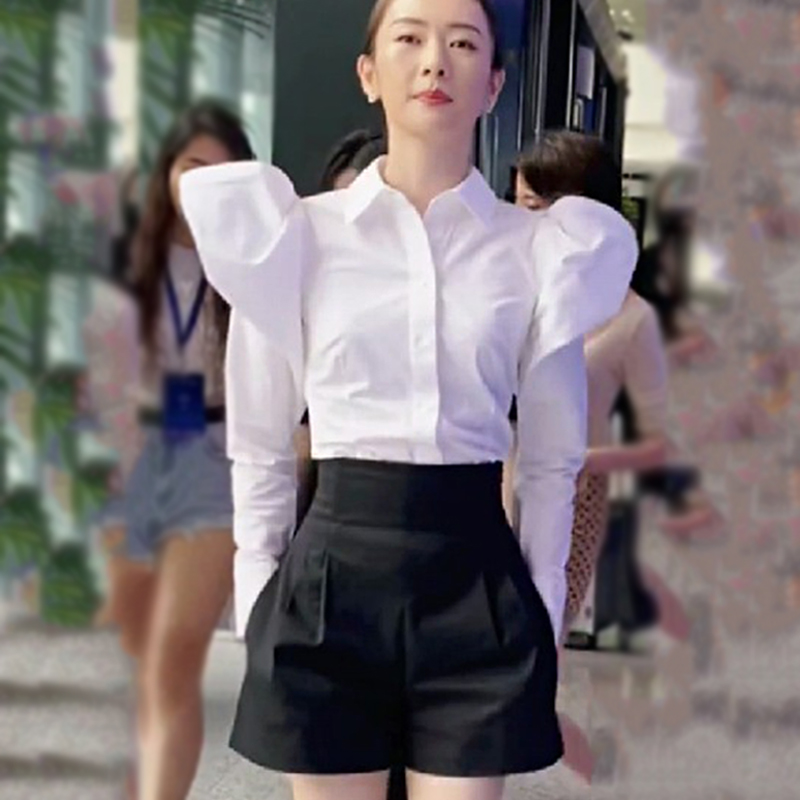 童瑶同款收腰白色衬衫女2021年夏季长袖百搭修身两件套韩版衬衣