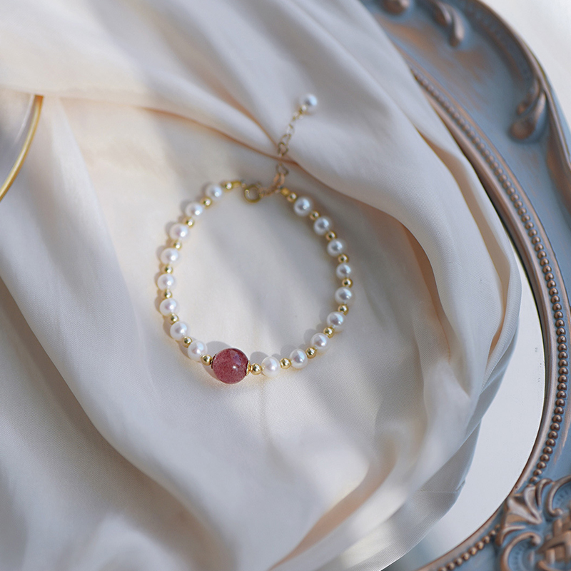 鸽子血天然水晶草莓晶珍珠14k包金优雅气质手链女小众ins风法式