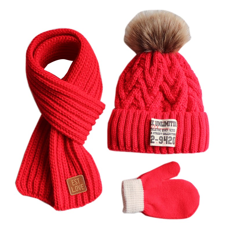 秋冬儿童加绒毛线帽子围巾套装男女童婴儿加厚保暖套头针织帽手套