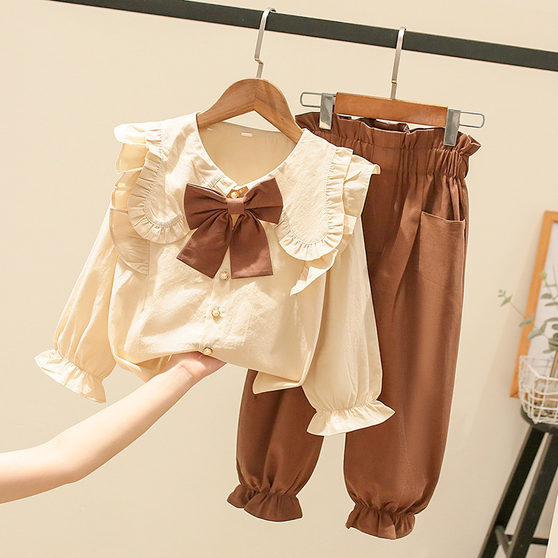 春秋季新款女童套装可爱大蝴蝶结衬衫加时尚束脚裤两件套时尚