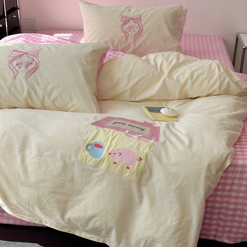 可爱卡通小猪猪全棉纯棉四件套床单被套少女心宿舍三件套床上用品
