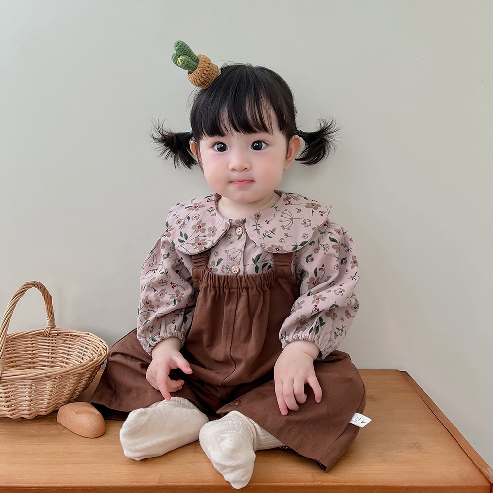 韩版婴儿衣服春秋套装女宝宝洋气碎花上衣背带裤两件套婴幼儿爬服