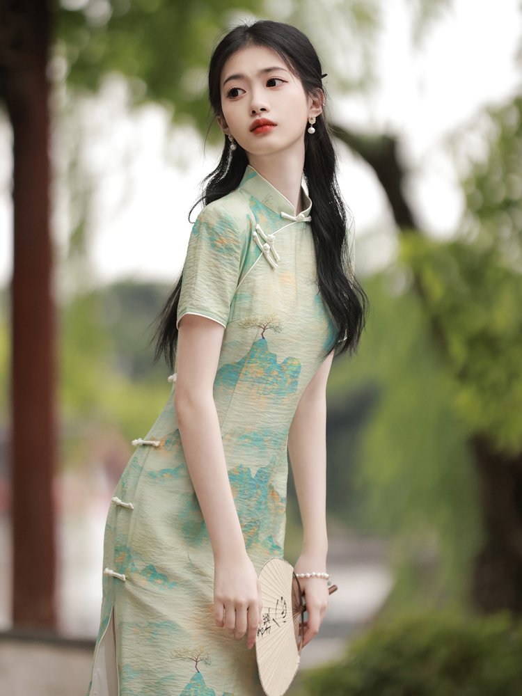 天丝麻素雅印花旗袍2024年夏季新中式国风改良少女连衣裙日常可穿
