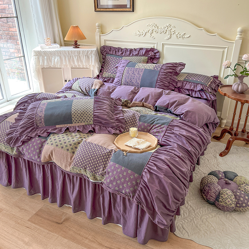 法式复古四件套床裙春季主卧紫色床上被套印花纯棉全棉公主双层纱