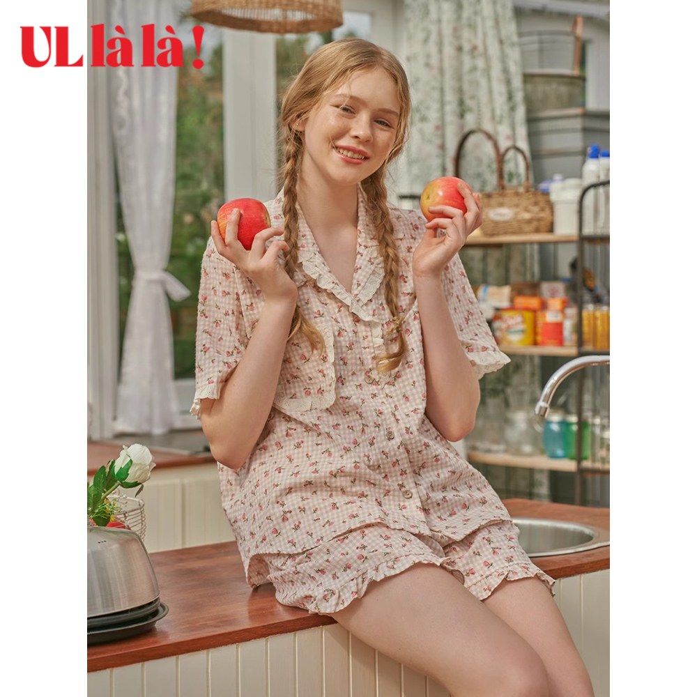 ULLALA2024韩国进口夏季开衫短袖短裤休闲家居服套装薄款碎花甜美
