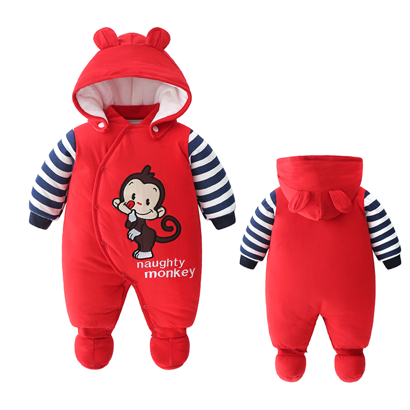 新生婴儿连体衣冬季加厚男宝宝秋冬装外套装0岁1红色满月棉衣