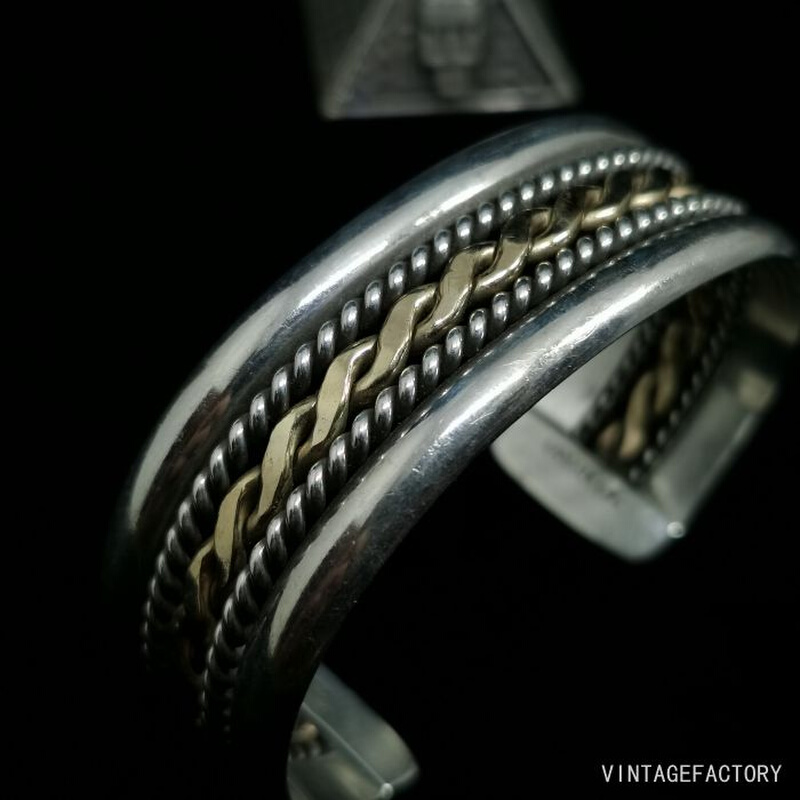 美国印第安纳瓦霍部落产手工12K包金宽版纯银美式复古手环镯男女