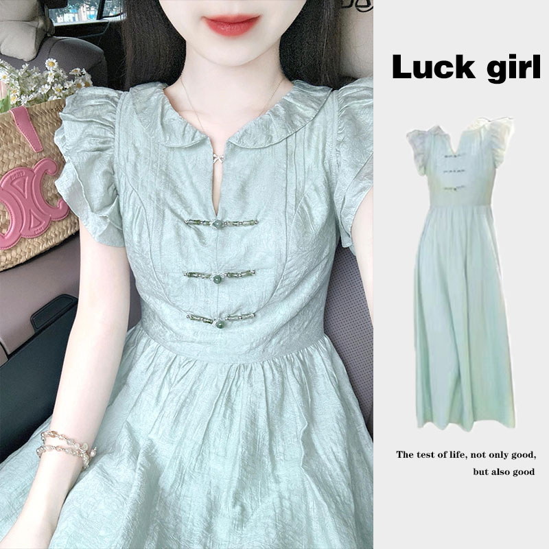 新中式茶歇法式小飞袖连衣裙女夏季薄荷绿漫波风度假绝美仙女长裙