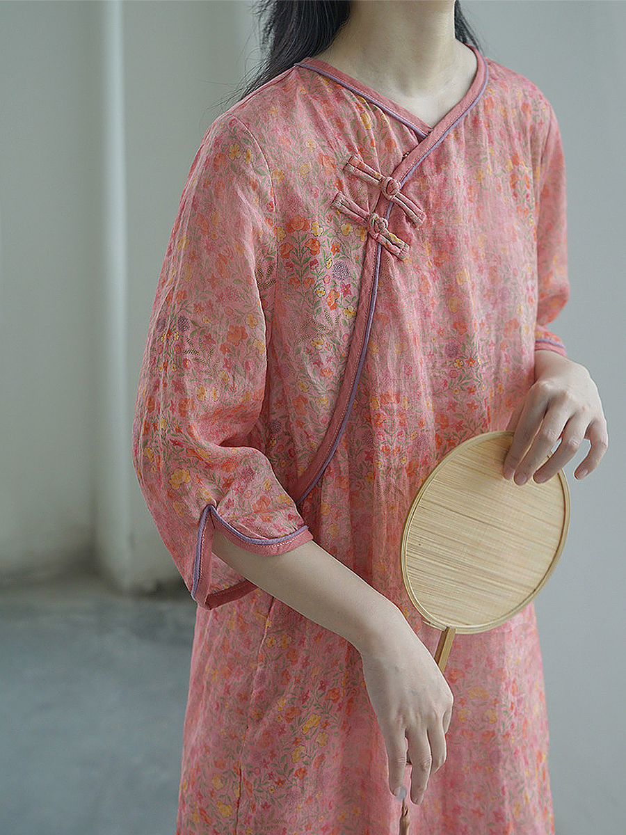 塔莎庄园 中式高支苎麻印花连衣裙小众原创夏季旗袍改良女装裙子