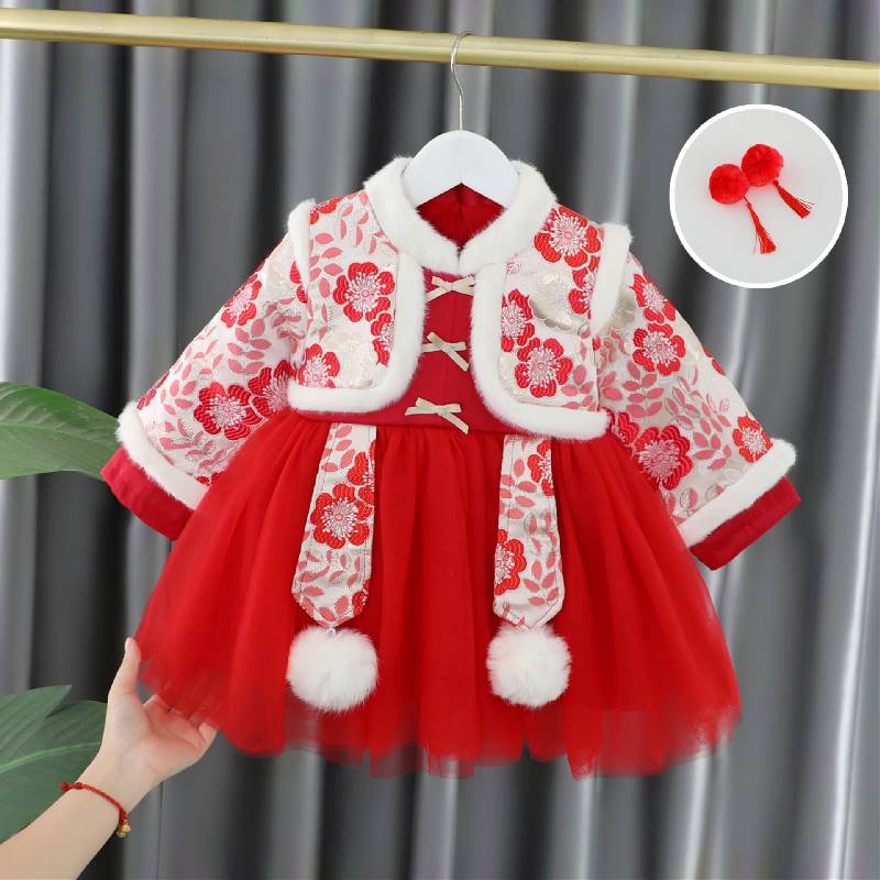婴儿衣服时髦可爱加绒汉服中国风保暖过年拜年服一岁女宝宝秋冬装