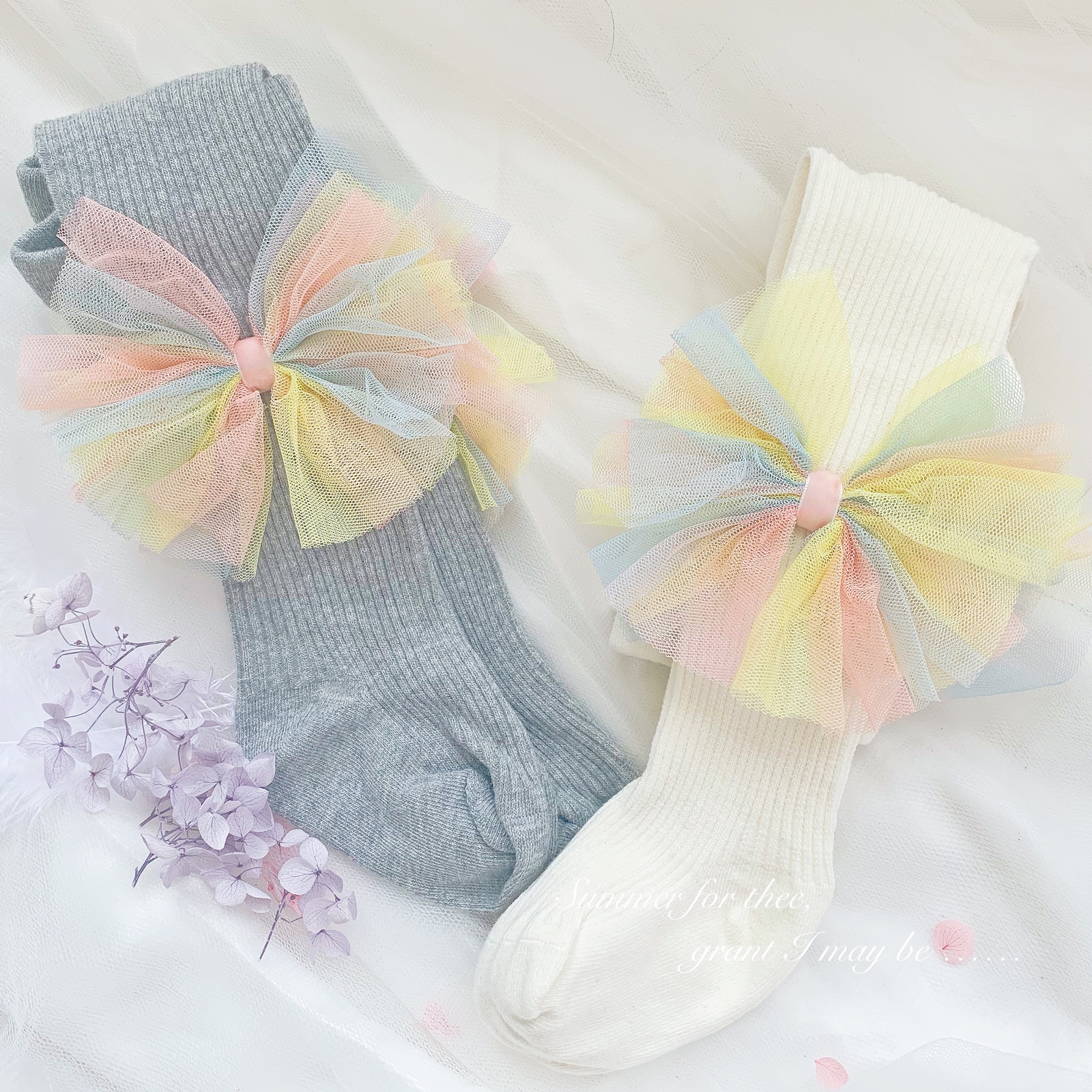 童话家 日单女婴儿童宝宝连裤袜纯棉打底裤灰色白色 彩虹花朵