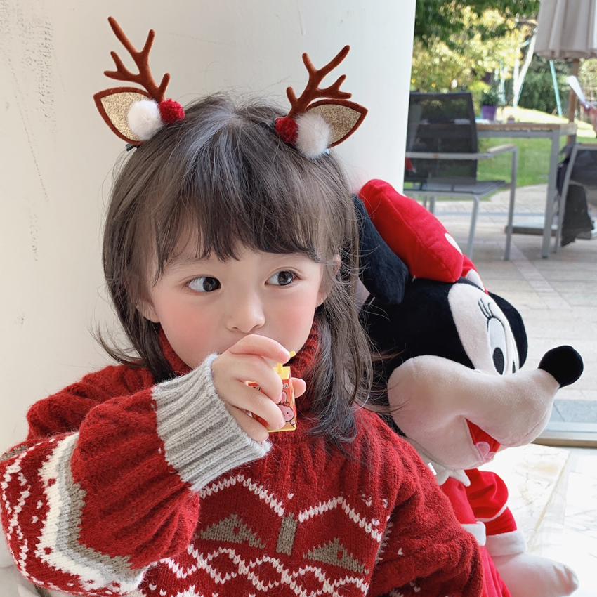 圣诞节头饰红麋鹿角对夹可爱白毛球圣诞发夹少儿女童发饰发卡发箍