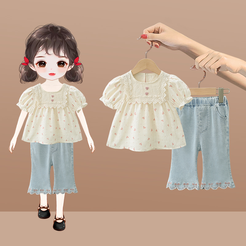 女童夏装套装2024新款洋气时髦儿童短袖喇叭裤两件套宝宝衣服夏季