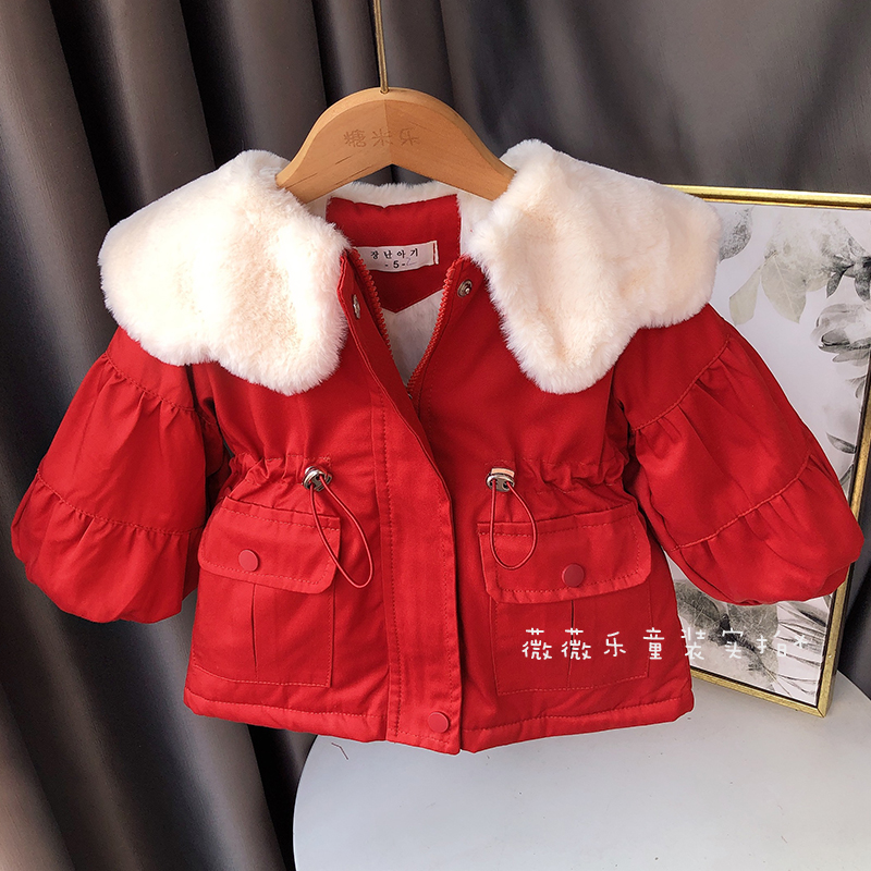 女童派克服2021年冬装新款棉衣女宝宝中长款加绒加厚棉袄外套洋气