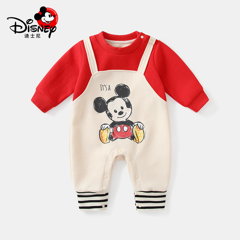 迪士尼官方授权婴儿连体衣歪头米奇背带假两件宝宝衣服秋季爬服