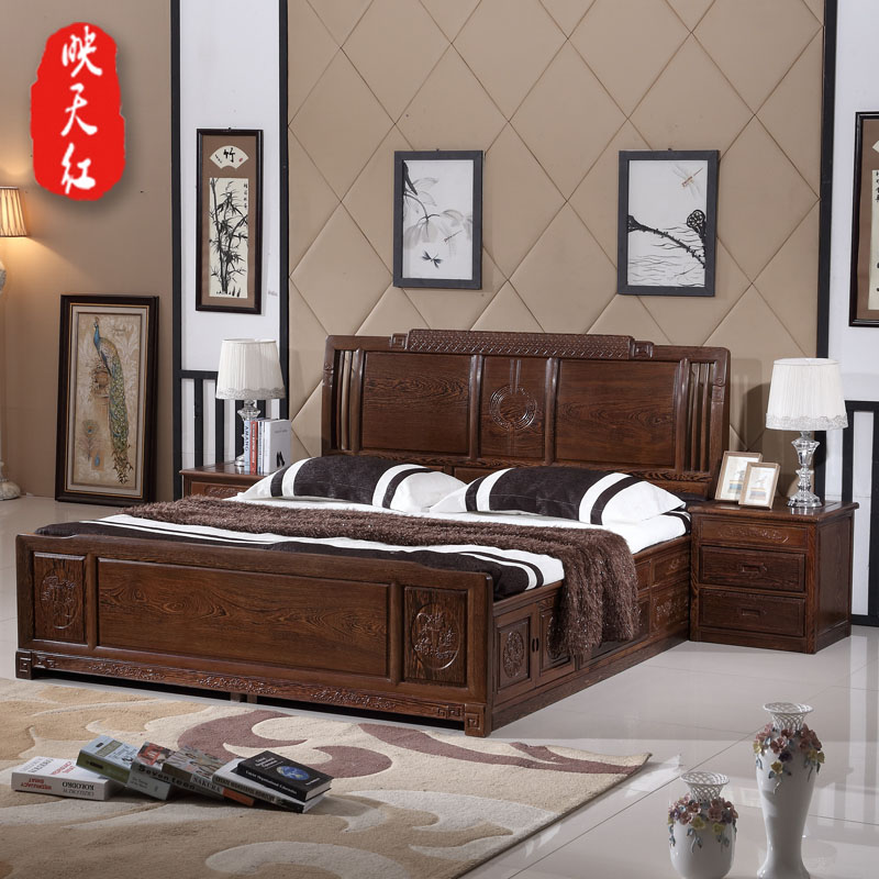 红木家具鸡翅木床新中式1.5米1.8米素面高箱储物床卧室实木双人床