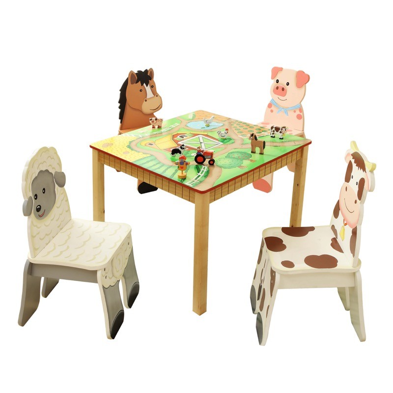 teamson纷朵奇儿童房木质卡通靠背小椅子小桌子儿童桌椅套组动物