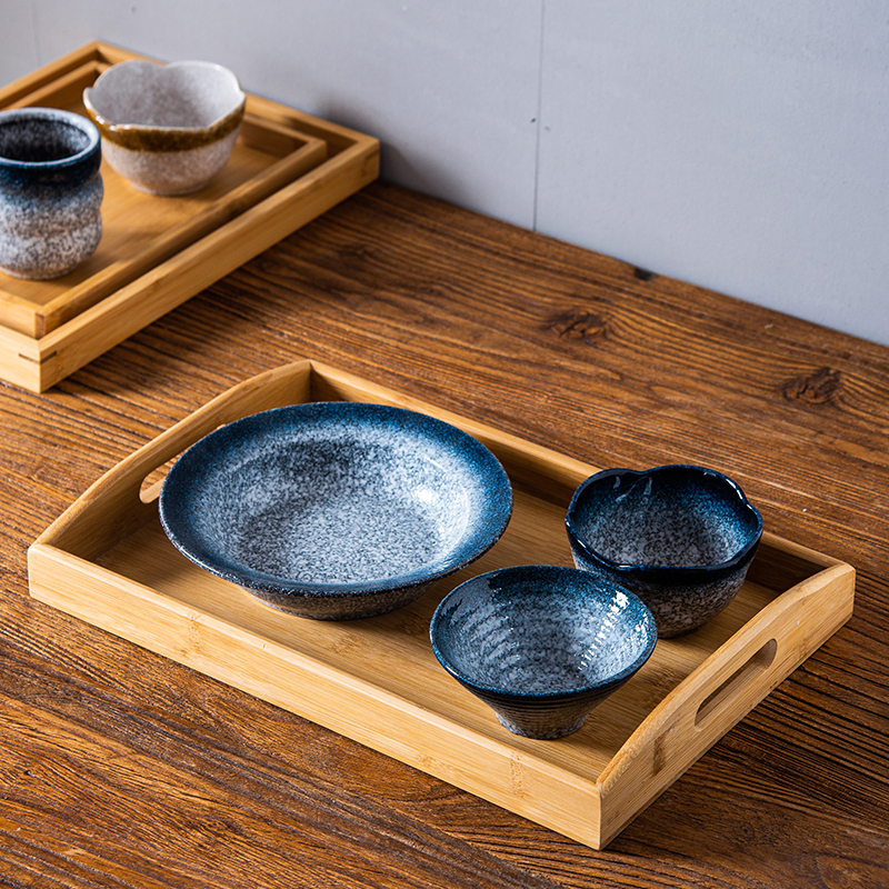 日式竹木茶盘一人食餐具带提手托盘长方形商用家用竹制展示收纳盘