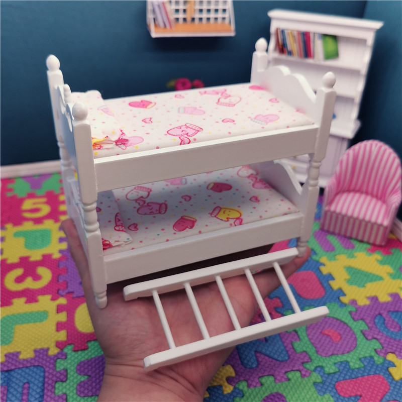 12分娃娃屋微缩模型迷你家具白色木制儿童房双层床场景拍摄道具