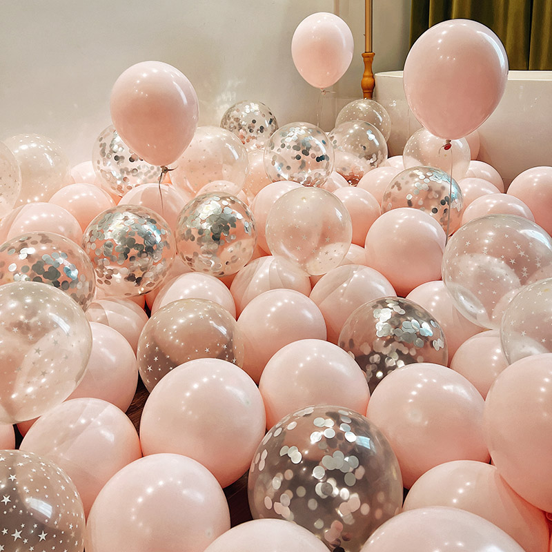 充氦氮气球飘空粉色系汽球混金属色亮片生日结求婚房装饰场景布置