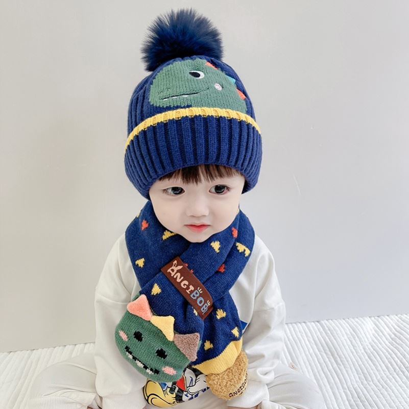 速发l宝宝儿童围巾婴儿男孩围脖冬季秋冬帽子套装针织两件套保暖
