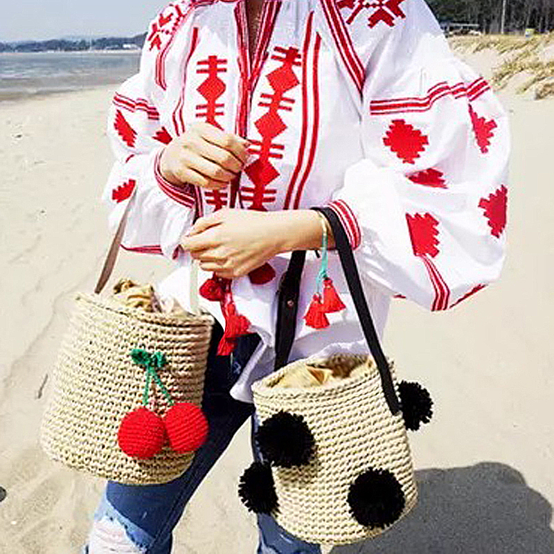 厂家新款立体樱桃球球草编包单肩休闲沙滩包时尚编织包女包