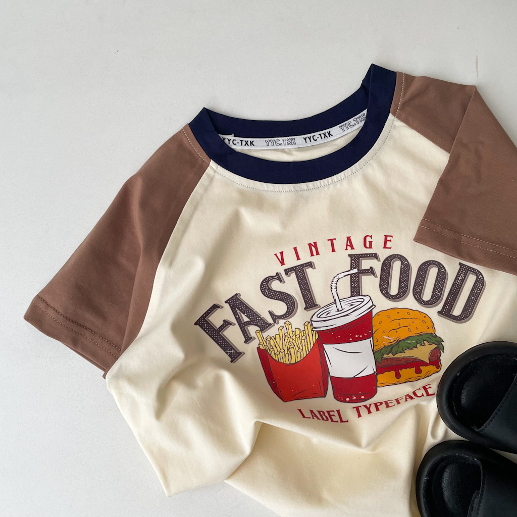 2024夏季日系男童女童童装薯条汉堡中小童纯棉宝宝短袖T恤插肩袖
