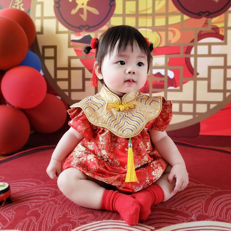。周岁女宝礼服夏秋款中国风一岁抓周满月百日宴礼服婴儿唐装裙子