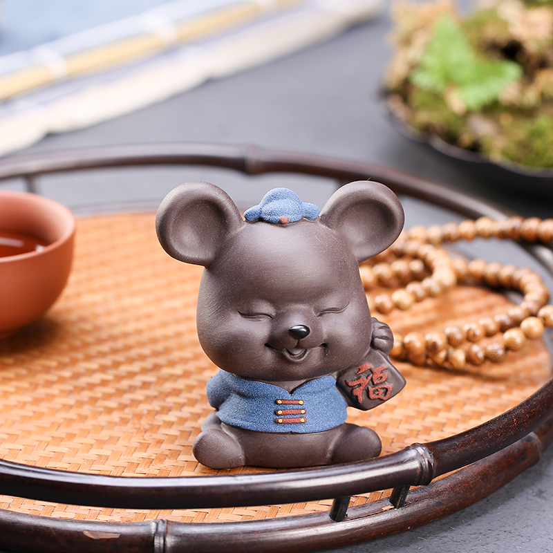 精品陶瓷茶宠创意鼠年生肖吉祥物招财摆件个性五福鼠茶具摆设饰品