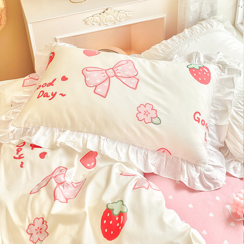 儿童床上用品四件套m女孩纯棉全棉公主风粉色床单被套三件套床裙