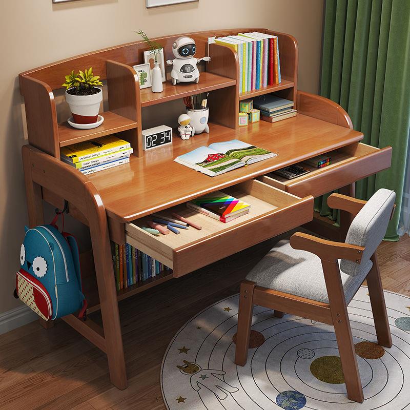 新品实木儿童学习书桌卧室书架一体写字桌家用可升降初中生课桌椅