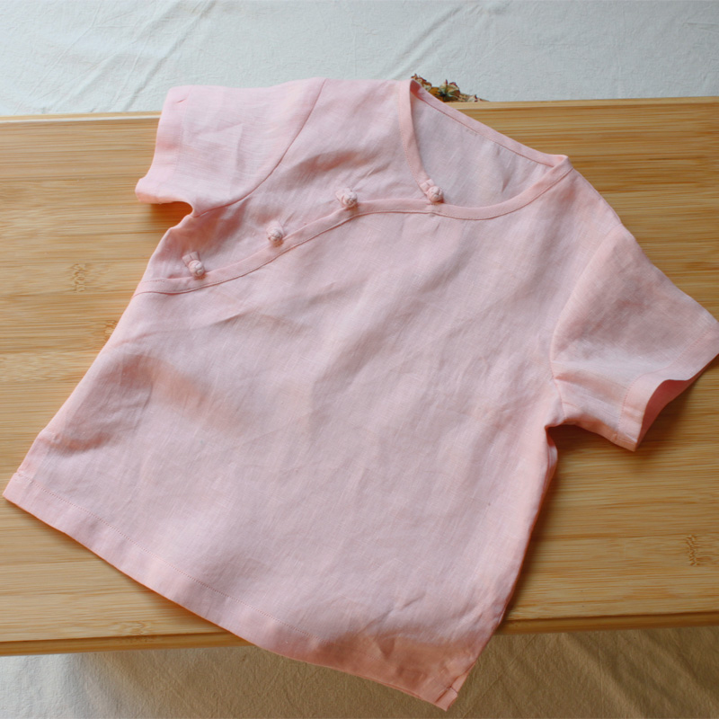 女童夏季薄款短袖粉色亚麻上衣仙气纯亚麻粉色原创唐装汉服亲子装