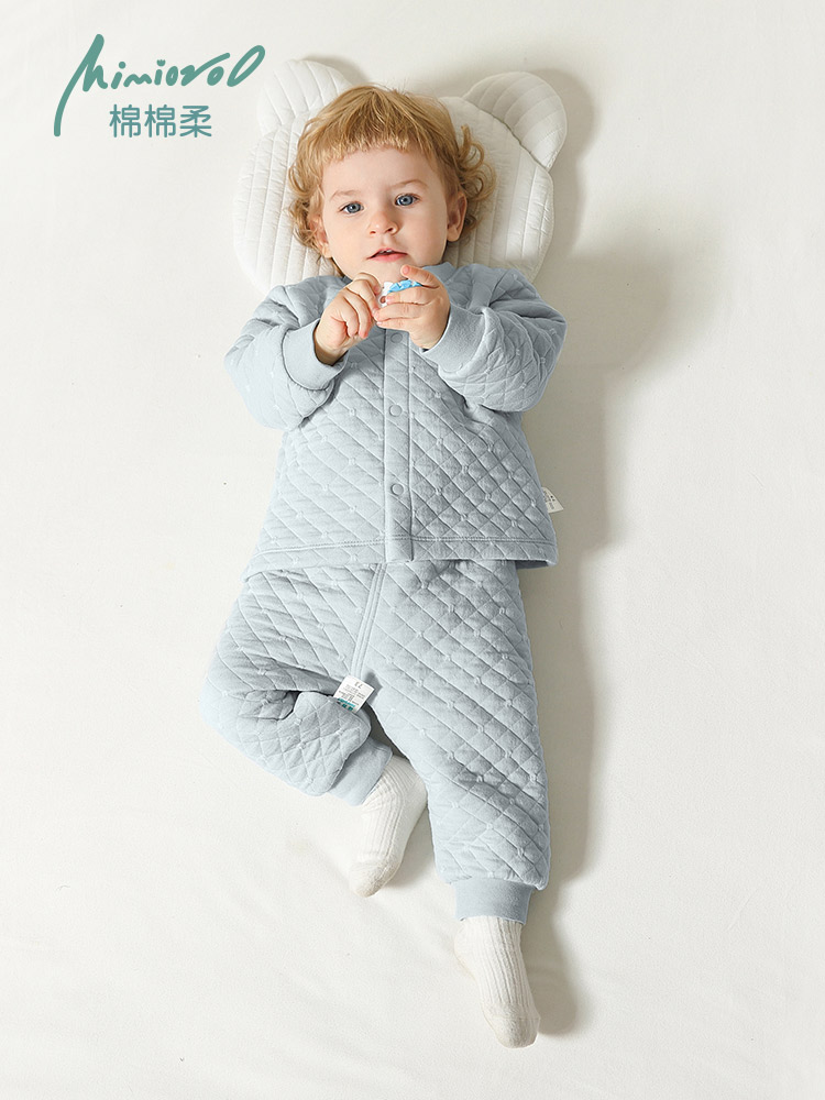婴儿保暖衣套装秋冬宝宝内衣冬季夹棉三层加厚纯棉婴幼儿睡衣分体
