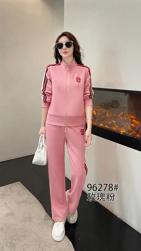 佐曼琦秋季新款玫瑰粉休闲运动服装2023女时尚双肩线条花纹两件套