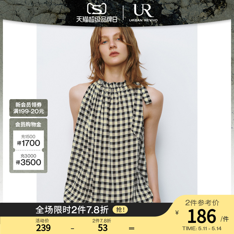 UR2024夏季新款女装复古格子超宽松花边系带衬衫UWU240036