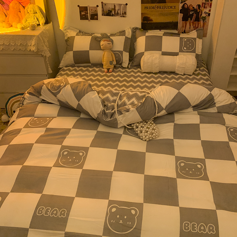 简约灰色格子熊卡通儿童床单被套四件套单双人宿舍床上用品三件套