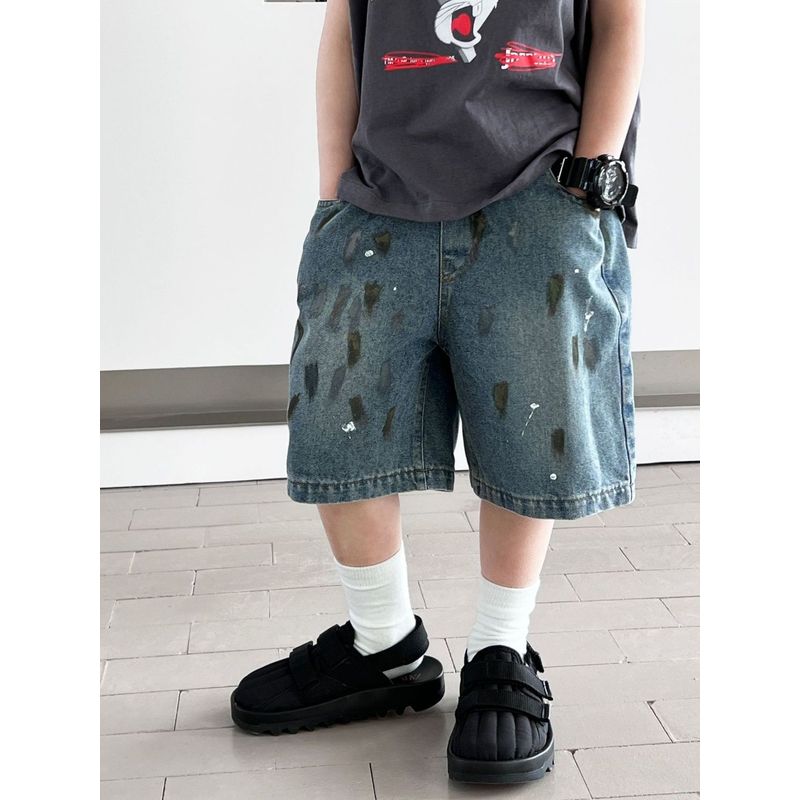 巴拉巴柆清货儿童牛仔短裤2024新款夏季漆点时髦男童裤子宝宝五分