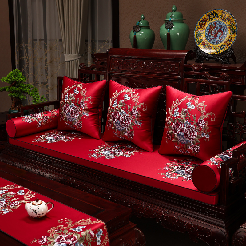 中式刺绣沙发坐垫红实木家具餐椅垫罗汉床五件套加厚海绵防滑定制