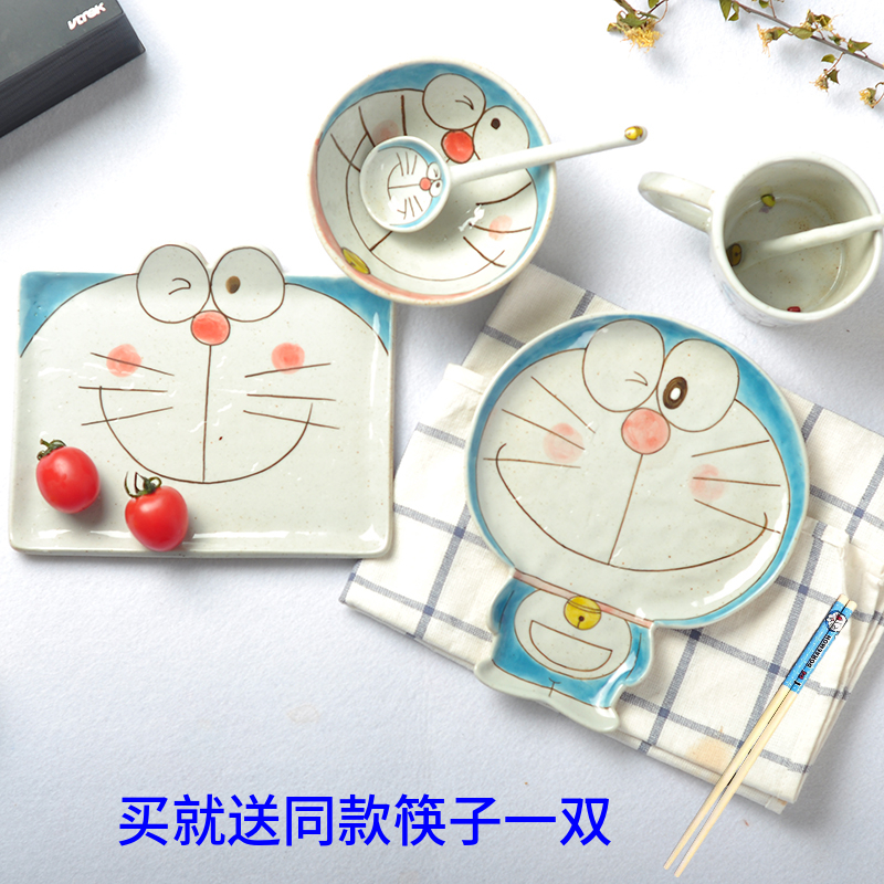 粗陶质感儿童陶瓷餐具套装卡通哆啦A梦机器猫叮当猫碗盘杯勺子