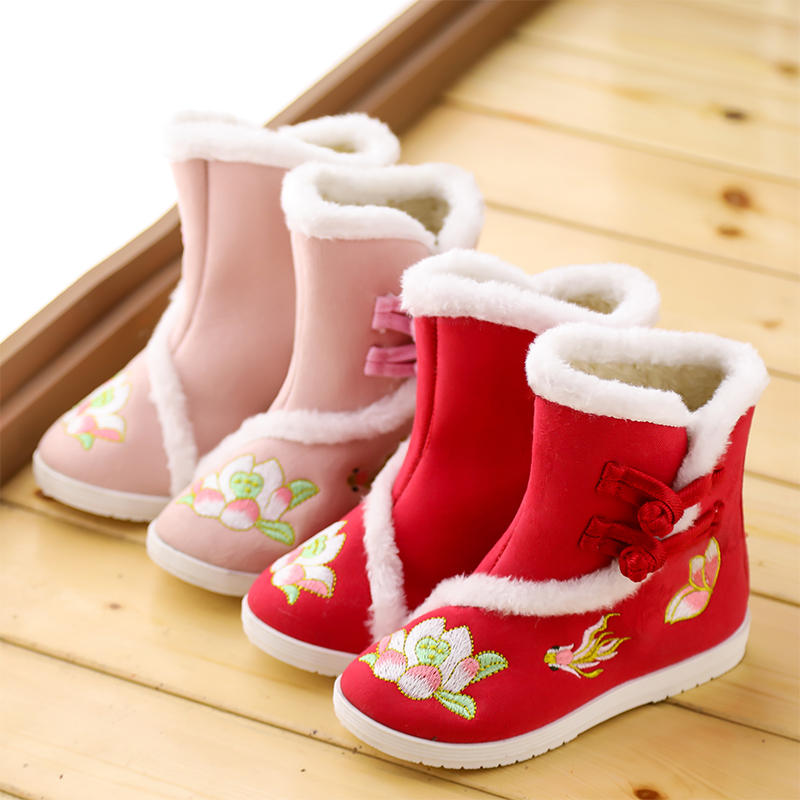 儿童汉服鞋女童棉鞋加绒布鞋冬季2023新款靴子古装鞋中国风绣花鞋