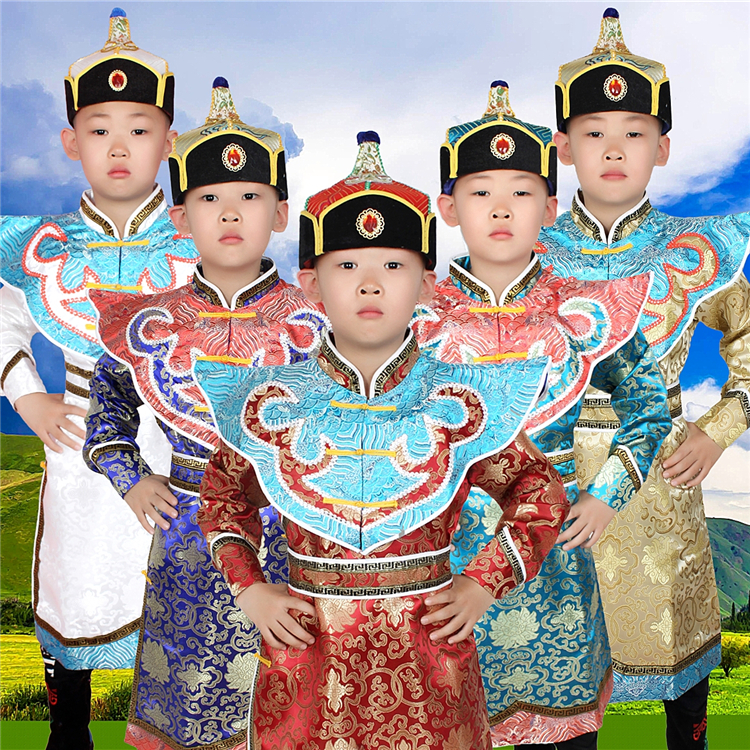 儿童蒙古袍日常演出舞台特色童装男孩款精致翘肩小民族缎面蒙古袍