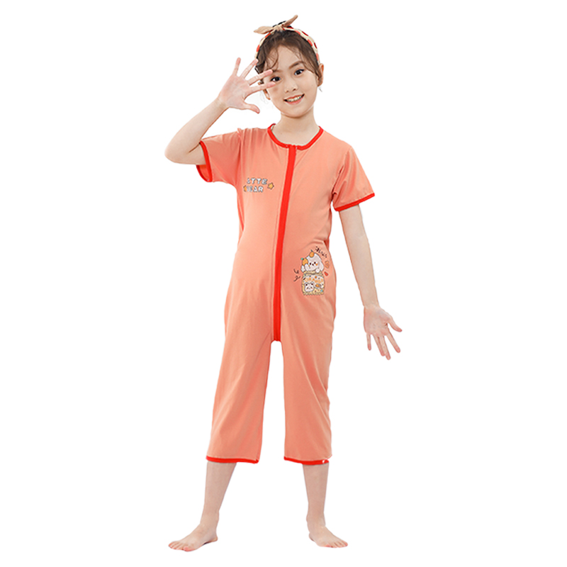 儿童连体睡衣夏季薄款短袖大童女男童拉链宝宝空调服3-4-5-7-8岁9