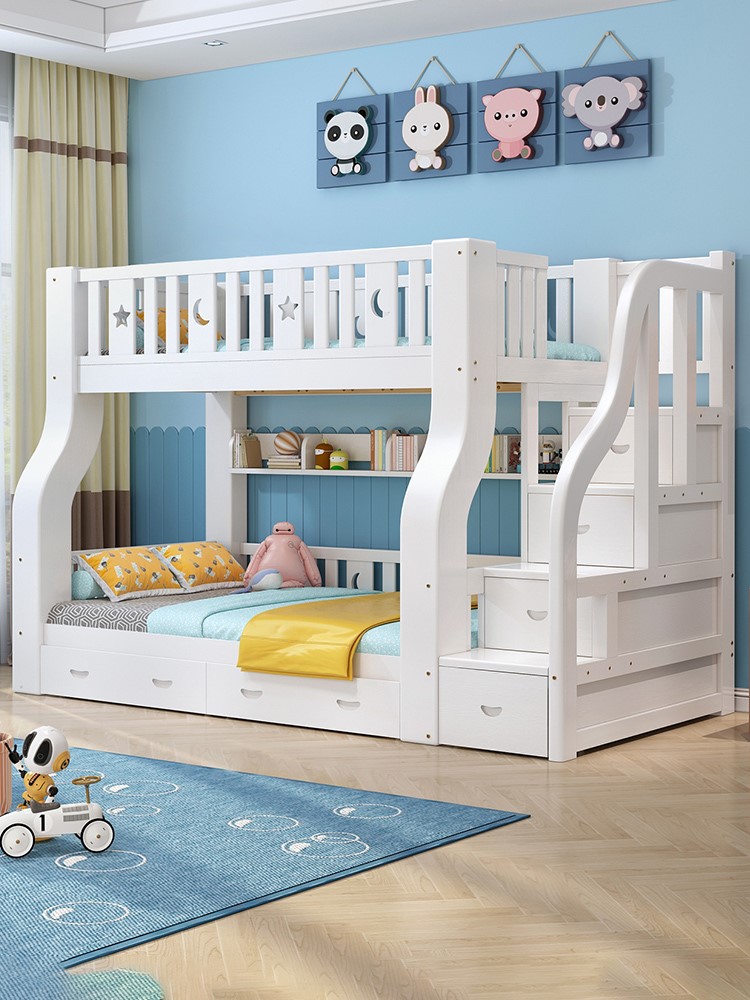 彩色高低床2.4米长白粉色上下床两层床双层床全实木儿童床1米宽