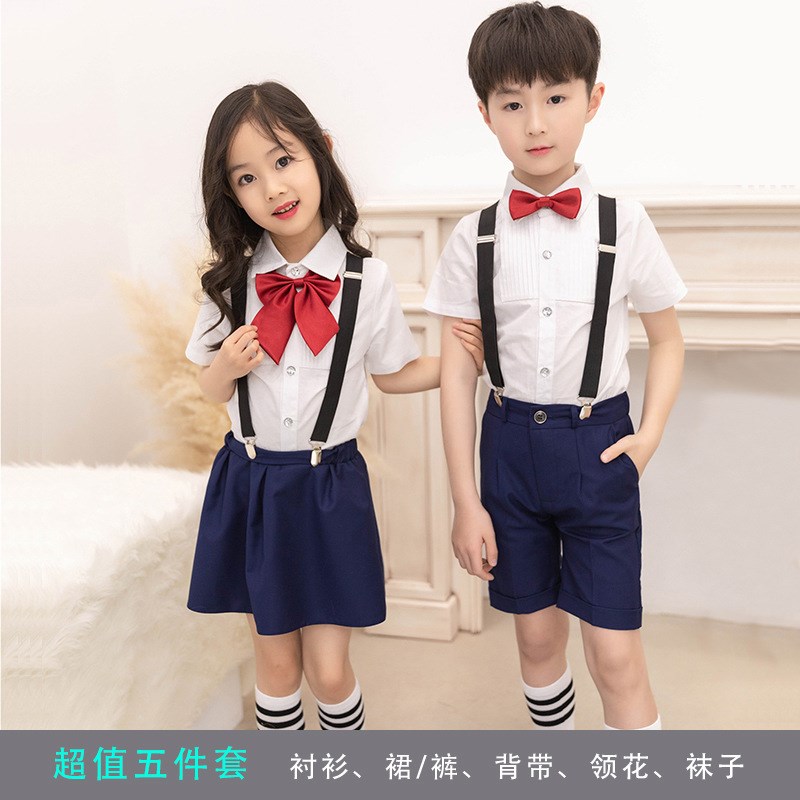 中国少年演出服儿童礼服套装夏英伦风背带裤演出服学生毕业合唱服