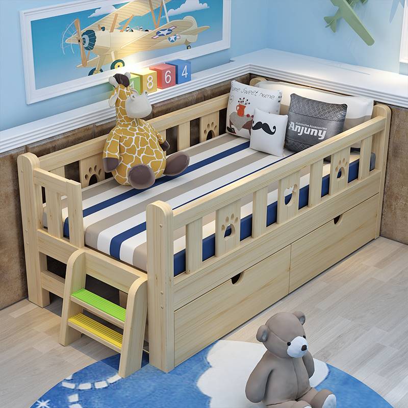 儿童床拼接大床原木带护栏儿童小家具实木床单侧卧室女孩床一米二
