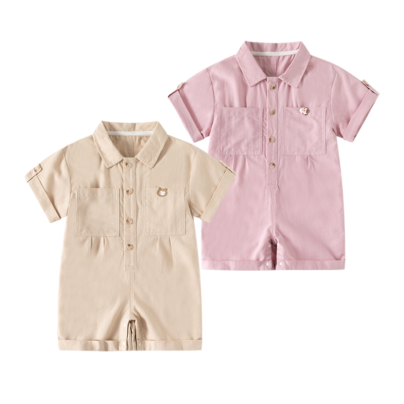婴儿短袖连体衣2024新款夏季男童工装裤连身哈衣宝宝宽松粉色爬服